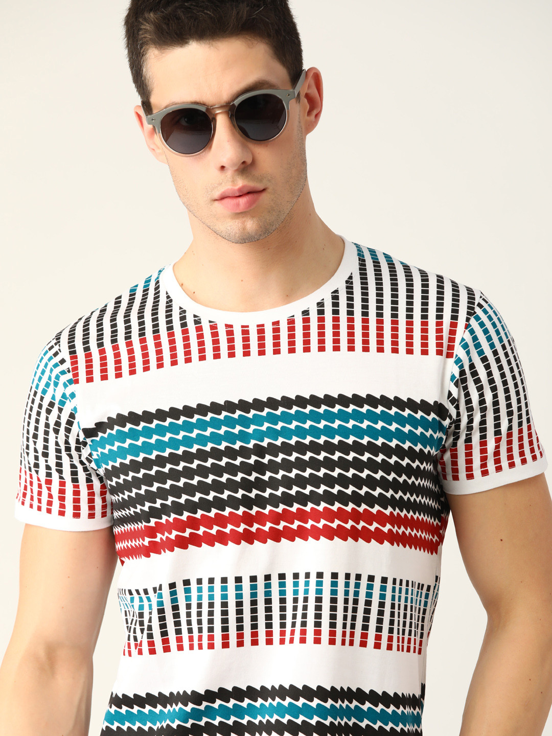 

Moda Rapido Men White Black Striped Pure Cotton T-shirt