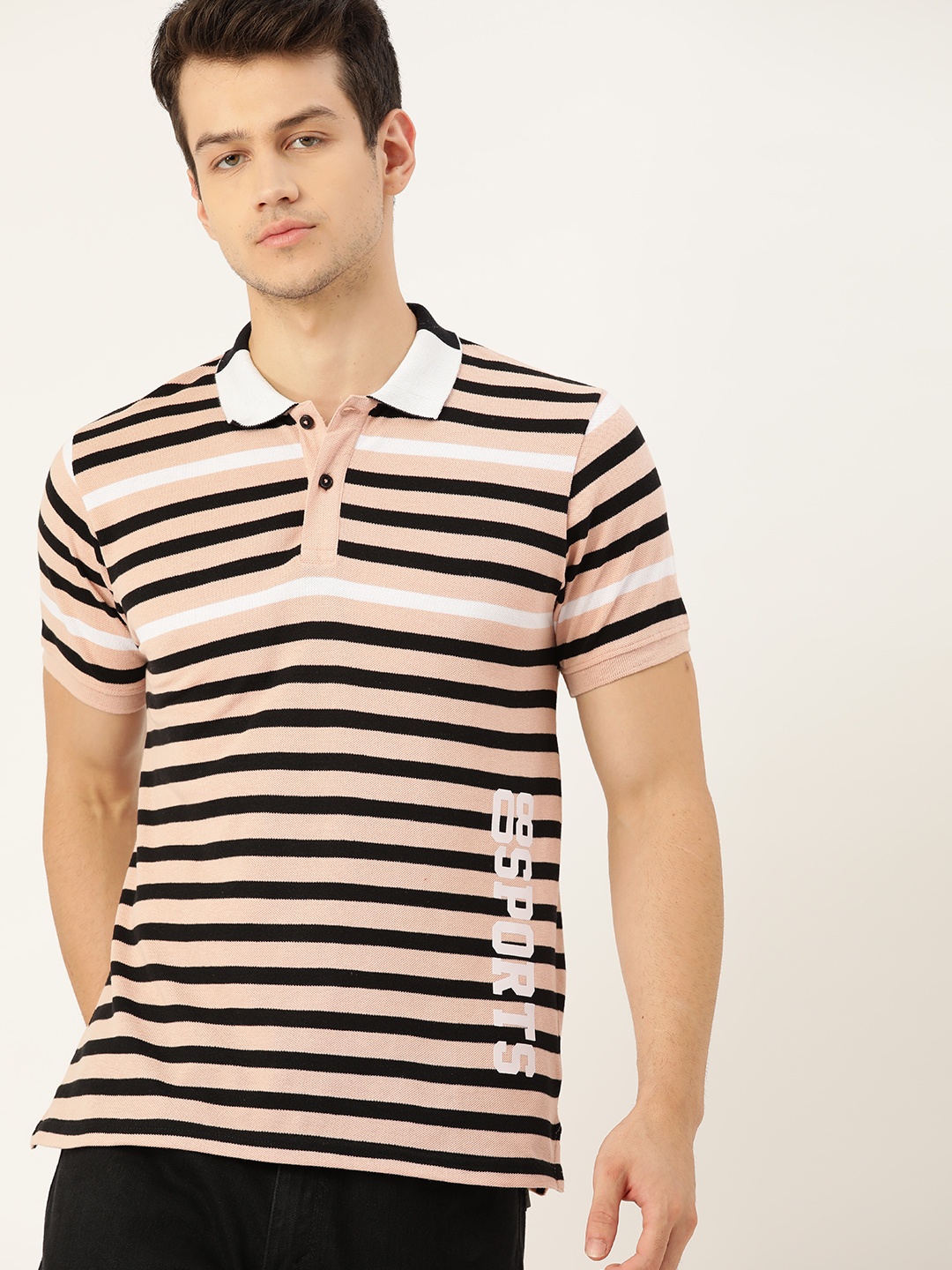 

Moda Rapido Men Peach-Coloured & Black Striped Polo Collar T-shirt