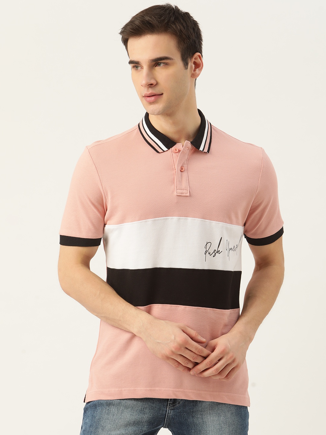 

Moda Rapido Men Pink & White Pure Cotton Striped Polo Collar T-shirt
