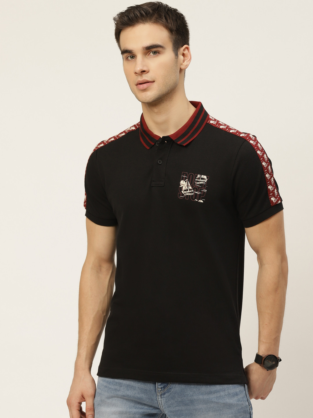 

Moda Rapido Men Black Printed Detail Pure Cotton Polo Collar T-shirt