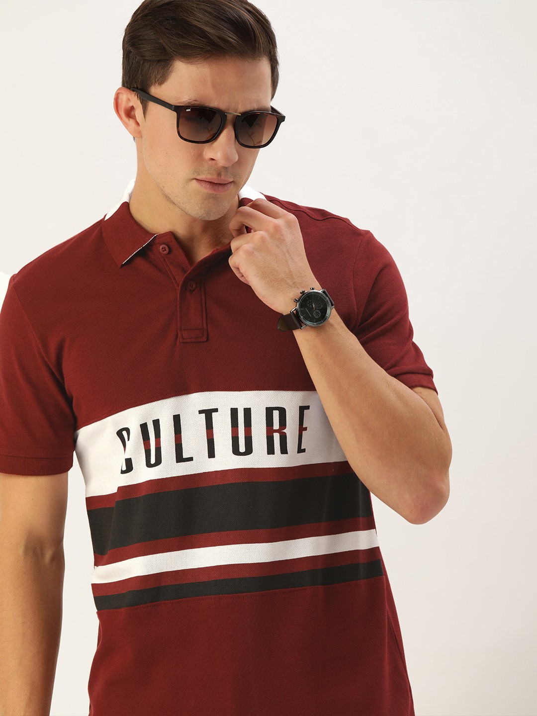 

Moda Rapido Men Rust Red White Striped Polo Collar Pure Cotton T-shirt with Printed Detail