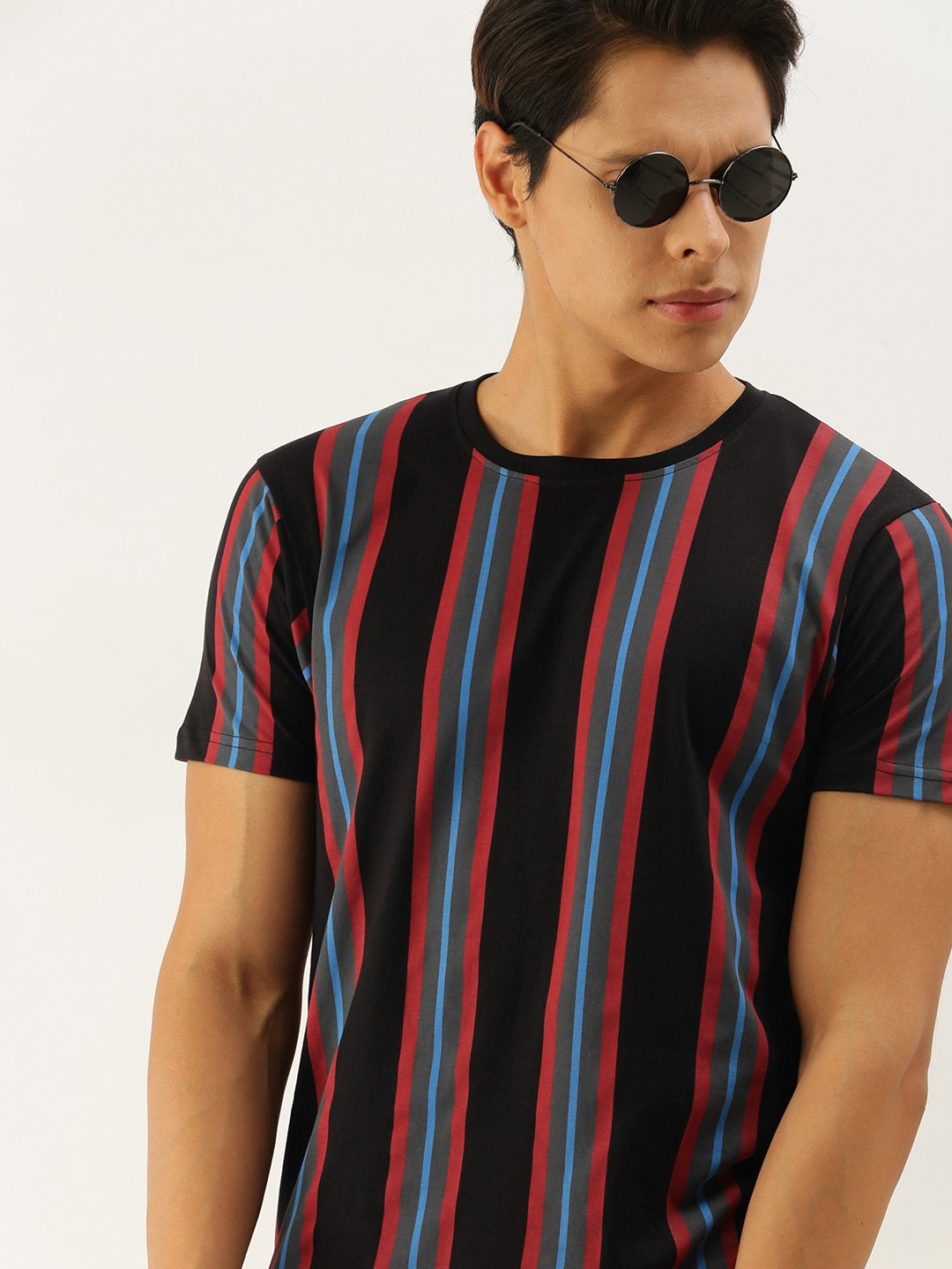 

Moda Rapido Men Black Blue Striped Pure Cotton T-shirt