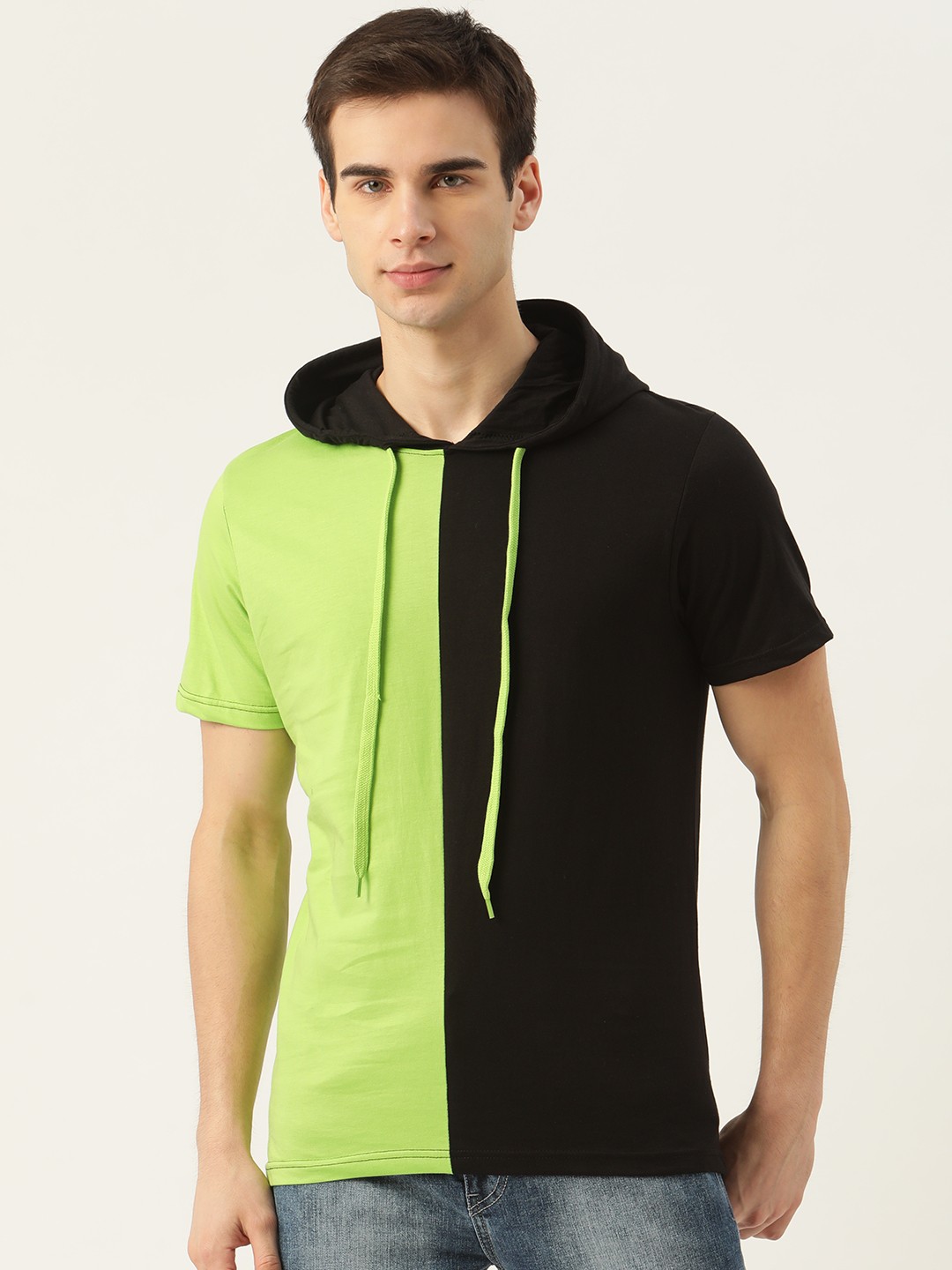 

Moda Rapido Men Green & Black Pure Cotton Colourblocked Hooded T-shirt