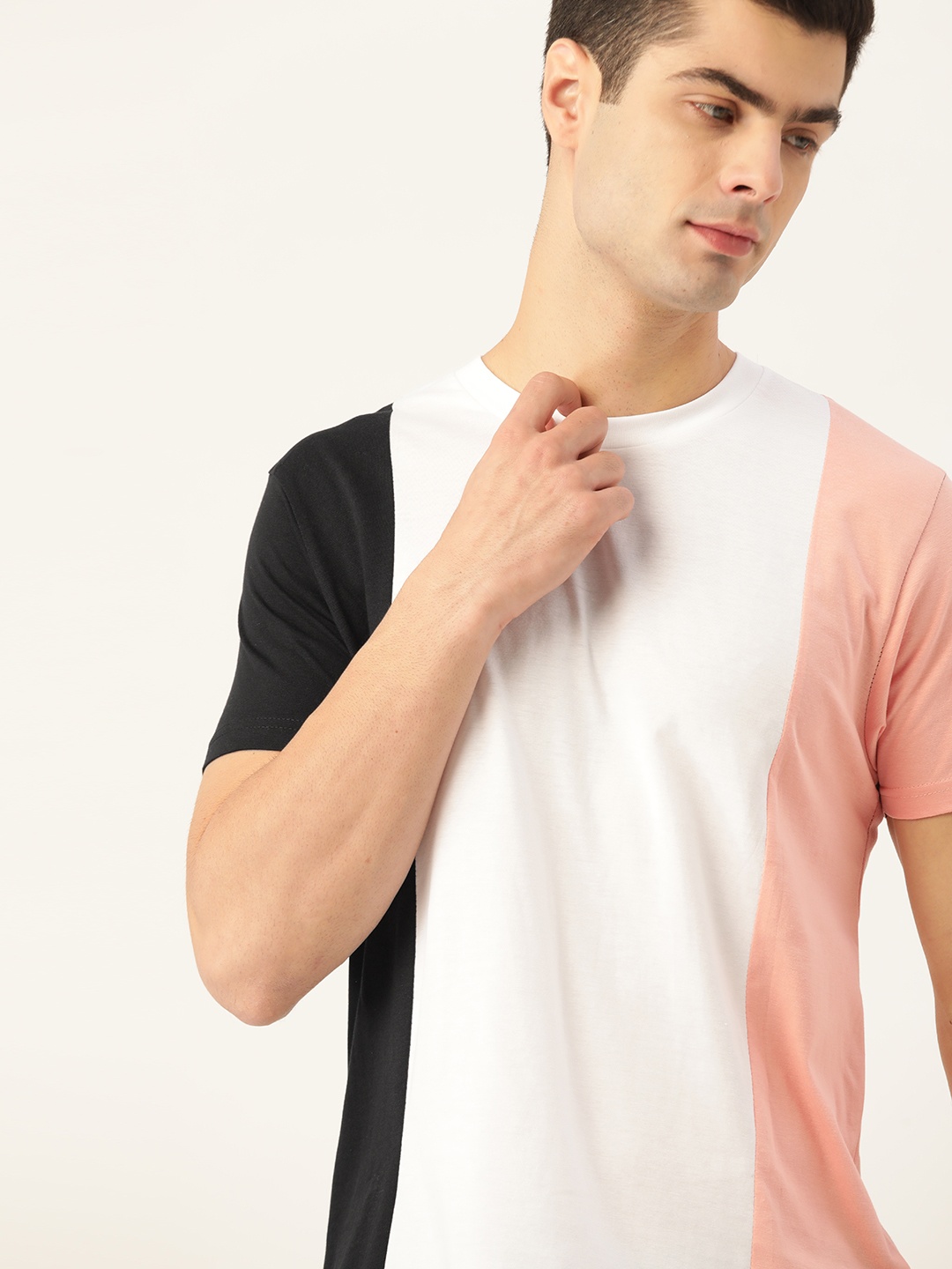 

Moda Rapido Men White Pink Colourblocked Pure Cotton T-shirt