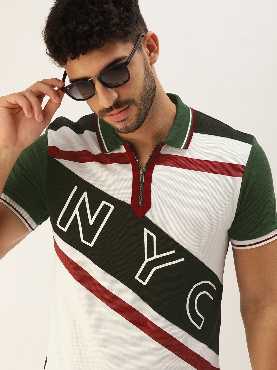 

Moda Rapido Men White Olive Green Typography Printed Polo Collar Pure Cotton T-shirt
