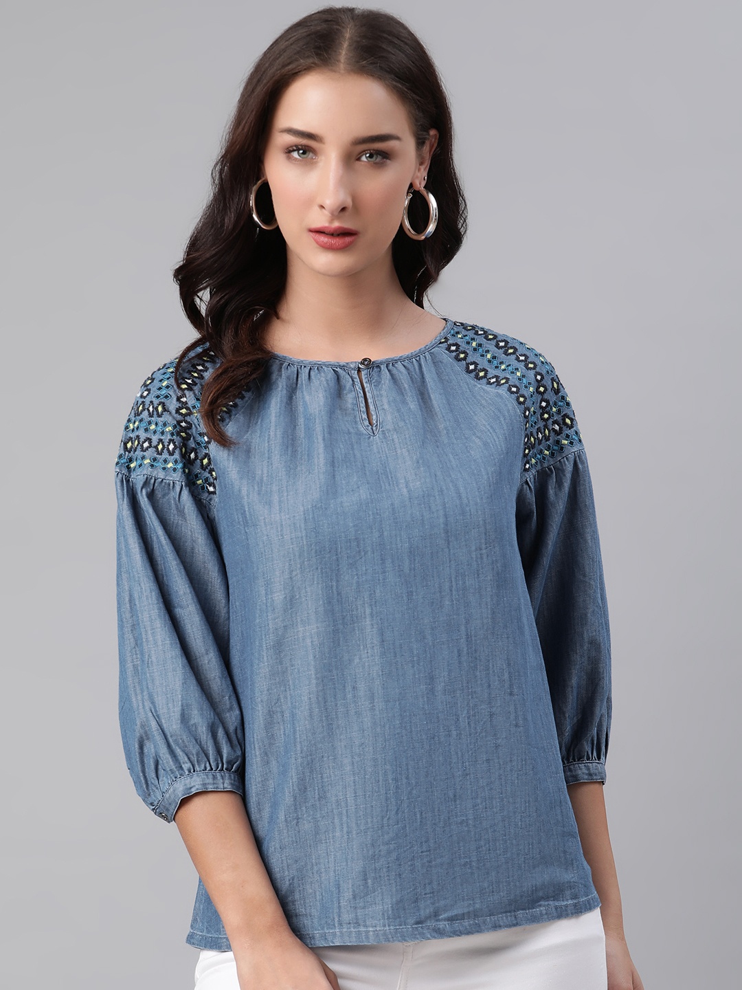 

Marks & Spencer Blue Keyhole Neck Puff Sleeves Regular Top