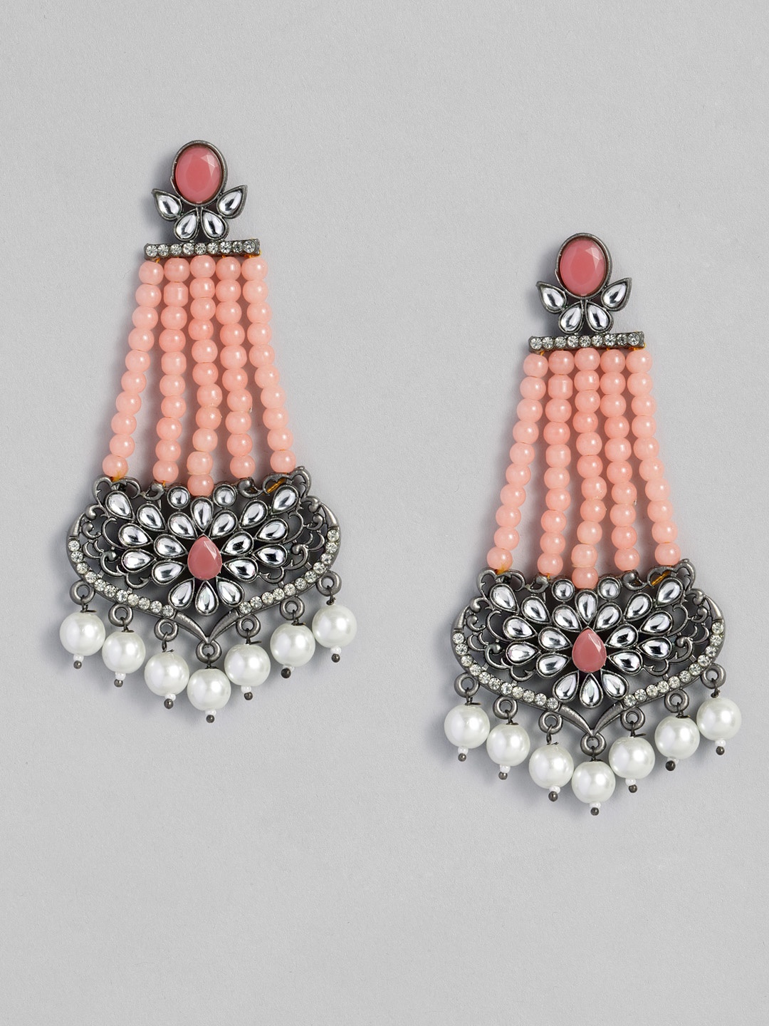

AccessHer Peach-Coloured & White Silver-Plated Mirror Studded Drop Earrings