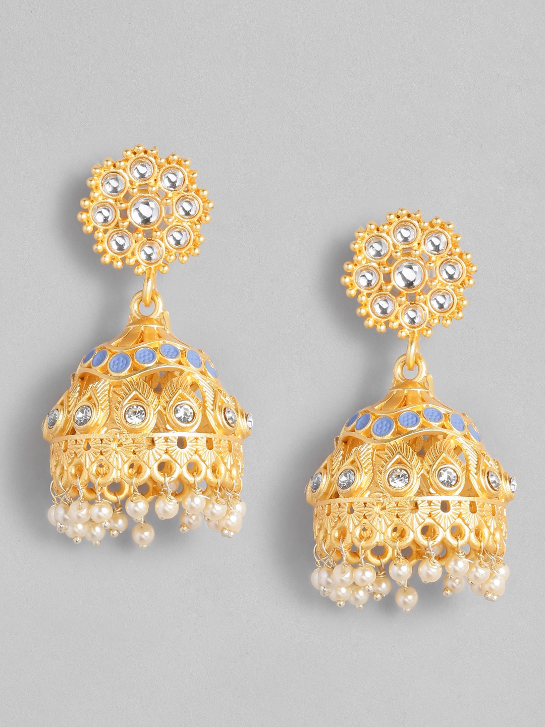

AccessHer Gold Plated & Blue Handcrafted Enamelled and Stone Studded Dome Shaped Jhumkas