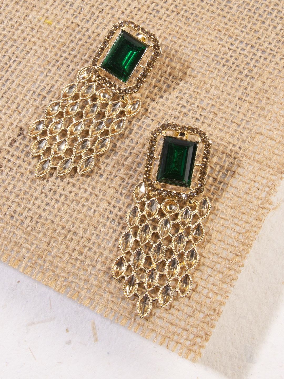 

AccessHer Gold-Plated & Green Handcrafted American Diamond Studded Square Drop Earrings