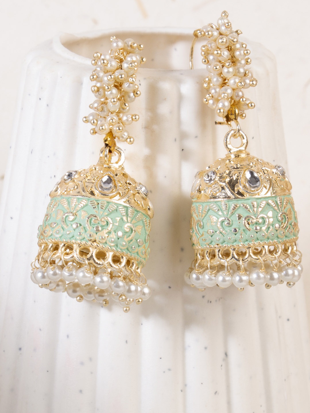 

AccessHer Gold-Plated Green Handcrafted Studded Dome Shaped Enamelled Jhumkas