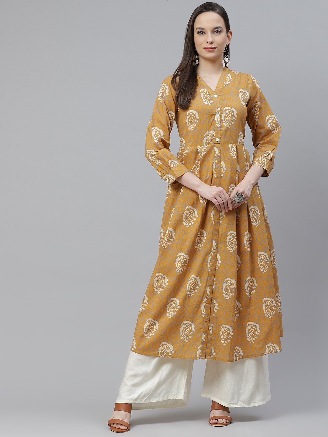 

mokshi Women Mustard & Off White Cotton Paisley Printed Pleated A-Line Kurta