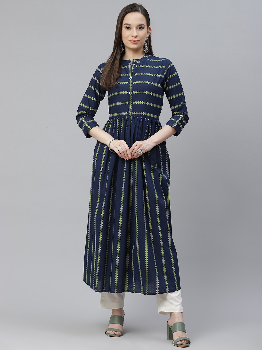

mokshi Women Navy Blue & Green Cotton Striped A-Line Kurta