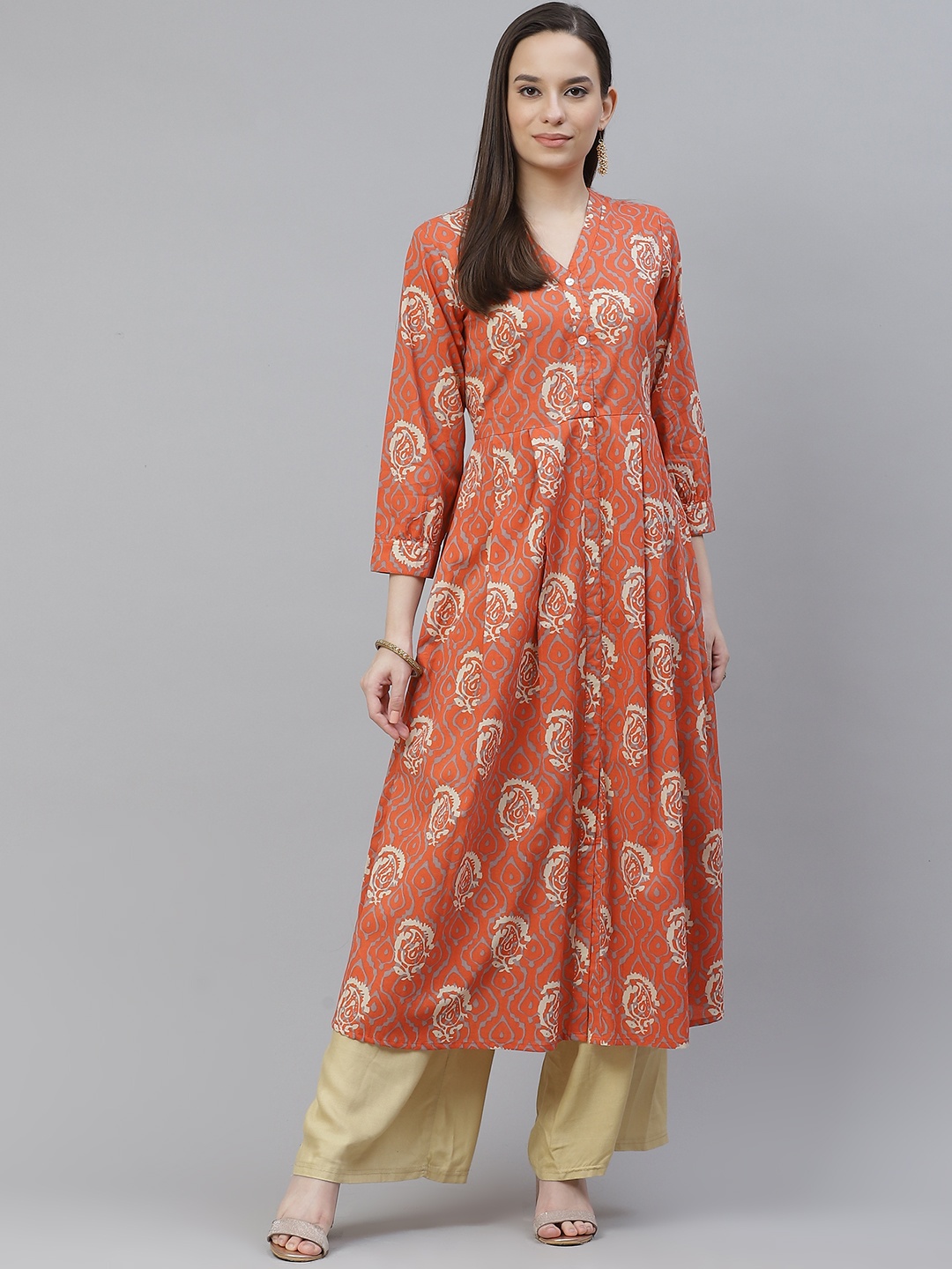 

mokshi Women Rust Orange & Off White Cotton Paisley Print Pleated A-Line Kurta