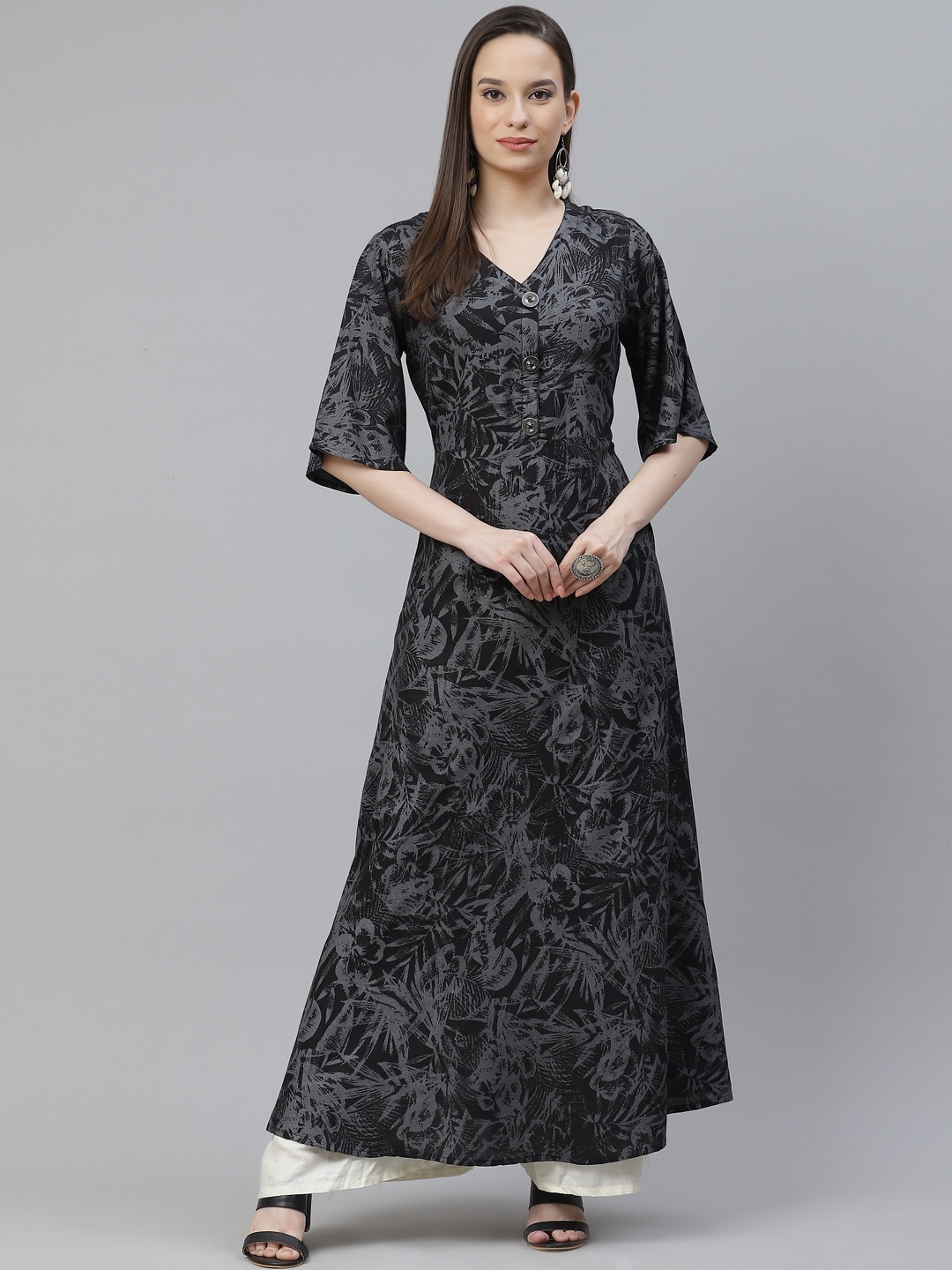 

mokshi Women Black & Grey Ethnic Motifs Printed Flared Sleeves A-Line Kurta