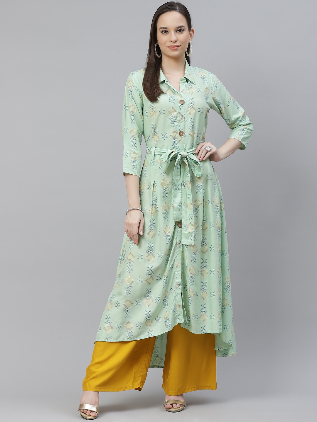 

mokshi Women Green & Navy Blue Ethnic Motifs Printed A-Line Kurta