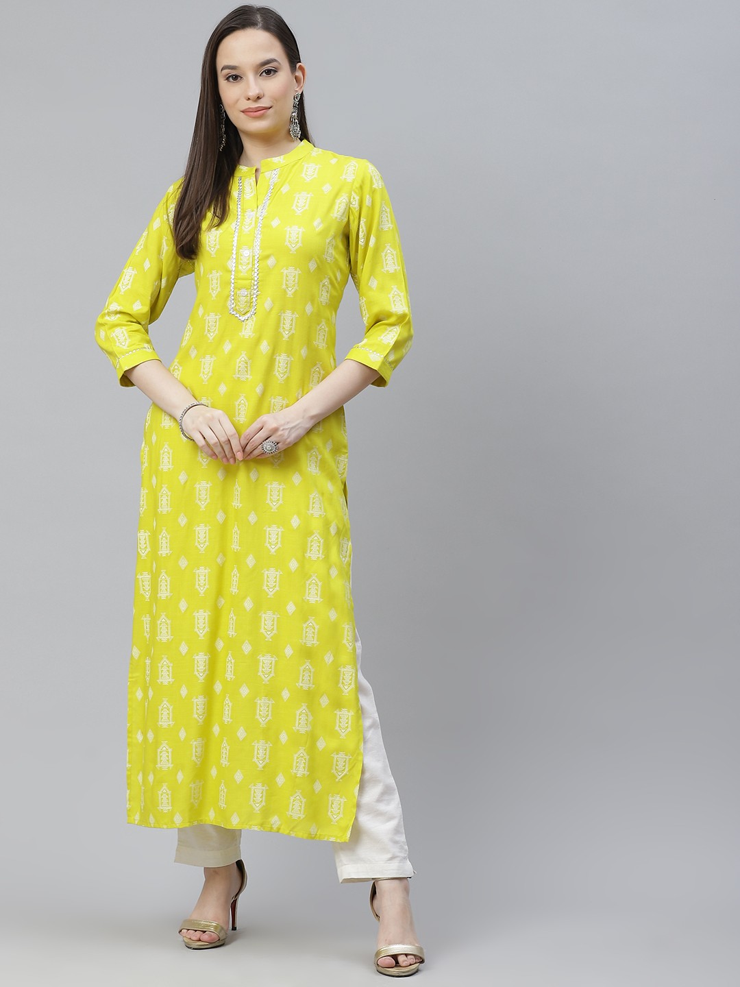

mokshi Women Lime Green & White Ethnic Motifs Printed Gotta Patti Straight Kurta