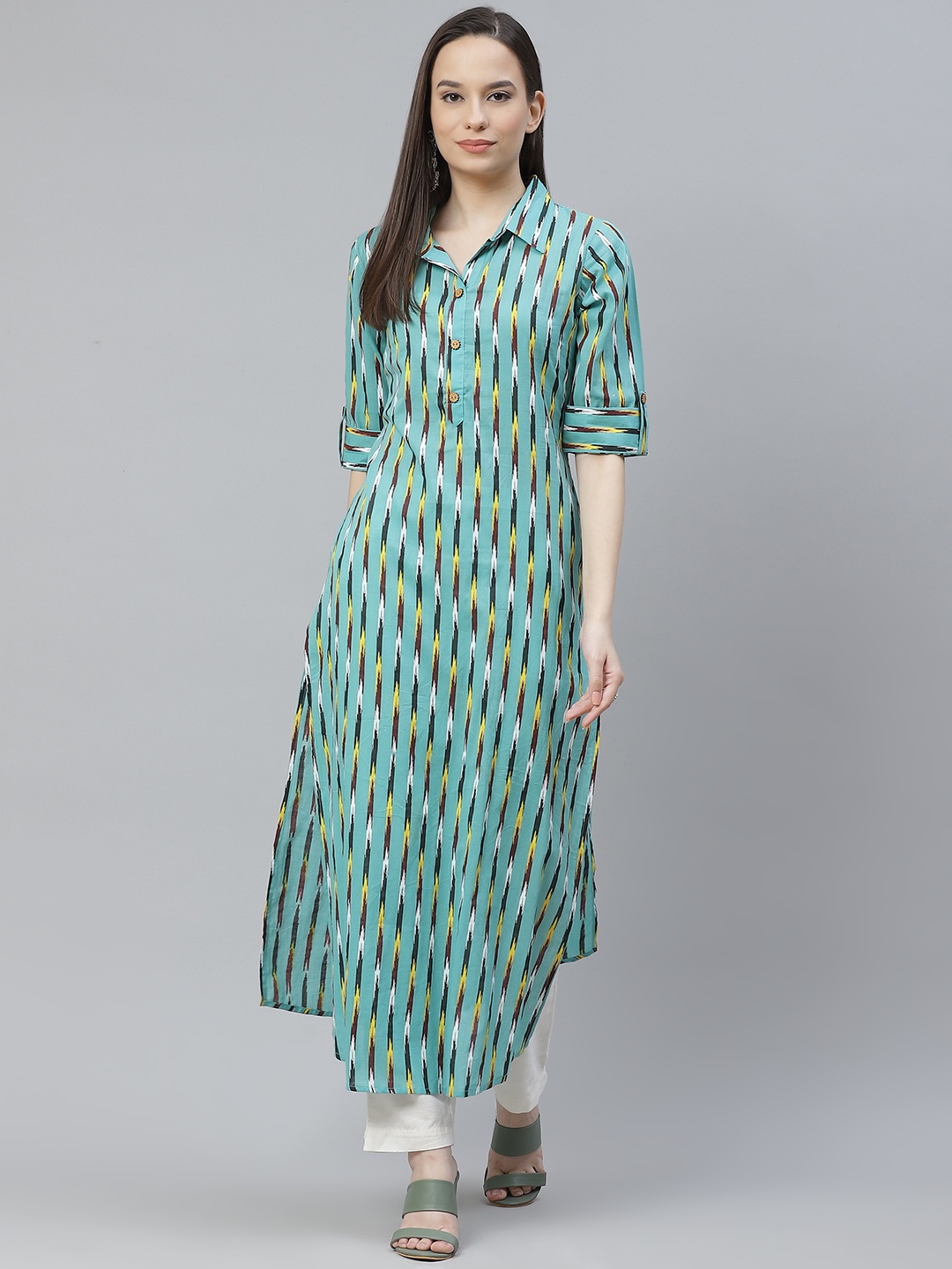 

mokshi Women Green & Black Striped Kurta