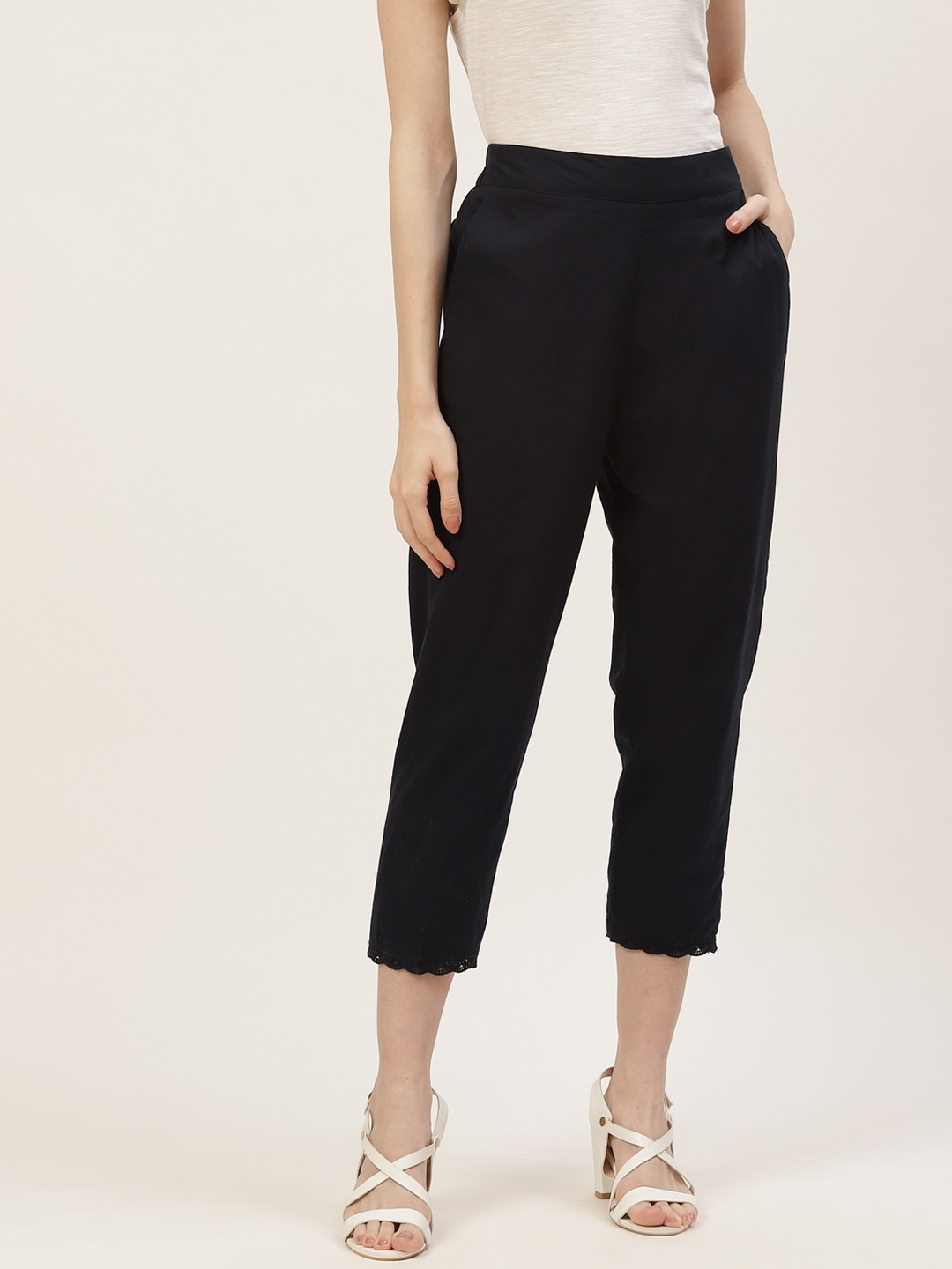 

Ancestry Women Navy Blue Solid Cropped Regular Trousers