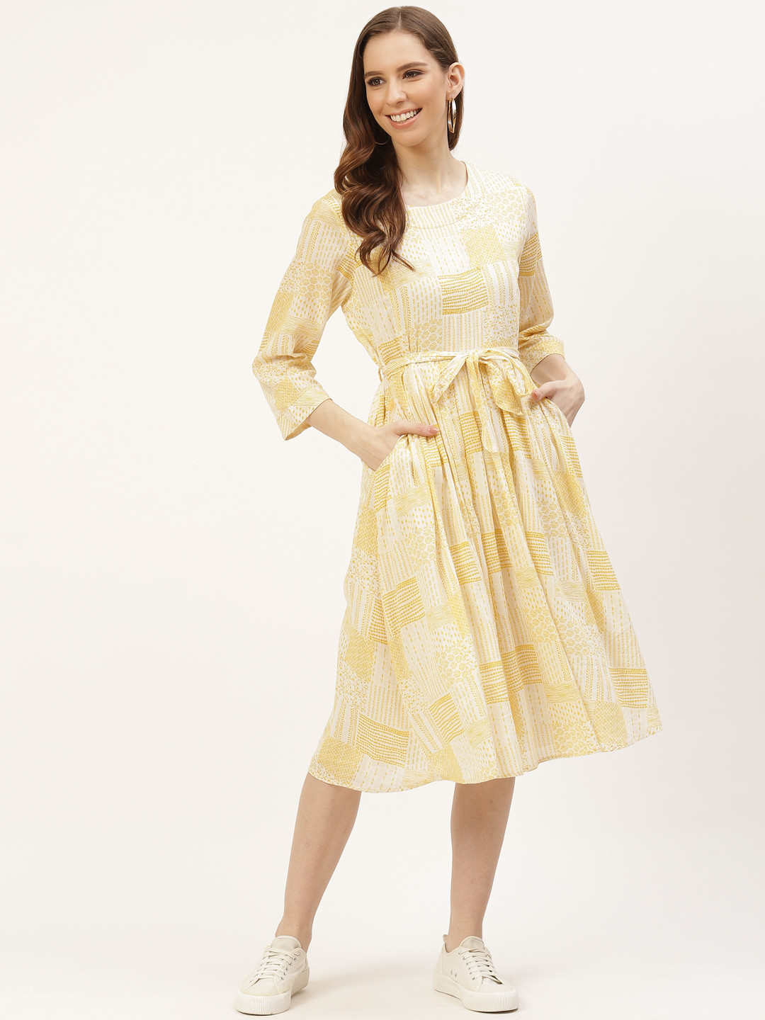 

Ancestry Cream Coloured & Yellow Printed A-Line Midi Dress