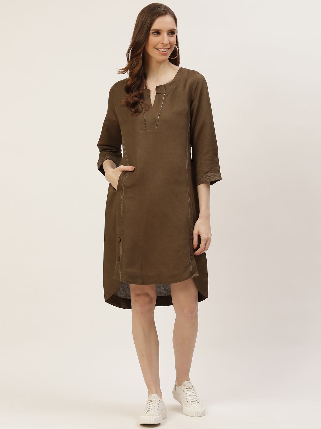 

Ancestry Women Olive Green Solid Shift Dress