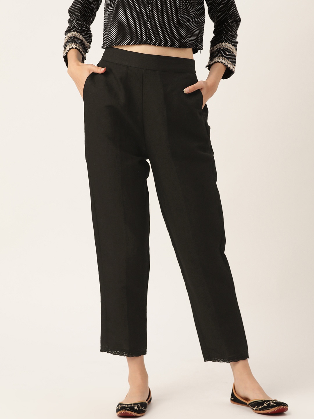 

Ancestry Women Black Linen Cotton Cropped Trousers