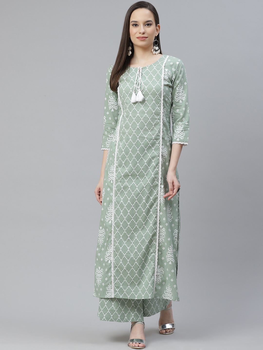 

mokshi Women Green Ethnic Motifs Printed Panelled Pure Cotton Kurta with Palazzos