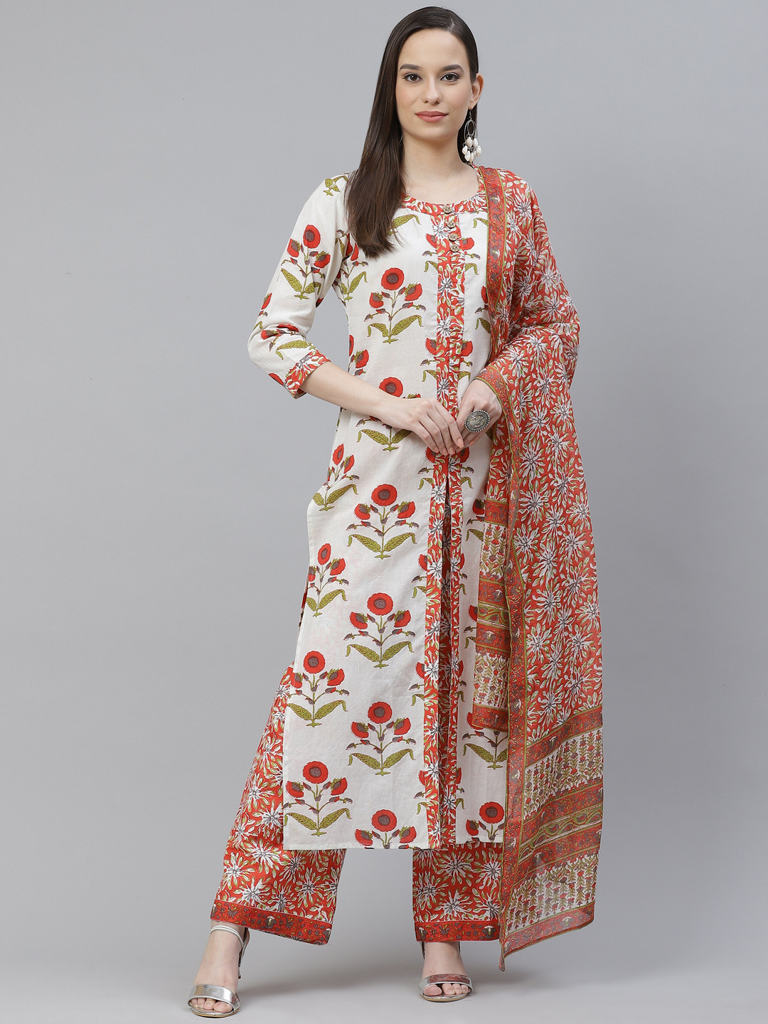 

mokshi Women White Ethnic Motifs Printed High Slit Pure Cotton Kurta with Palazzos & With Dupatta