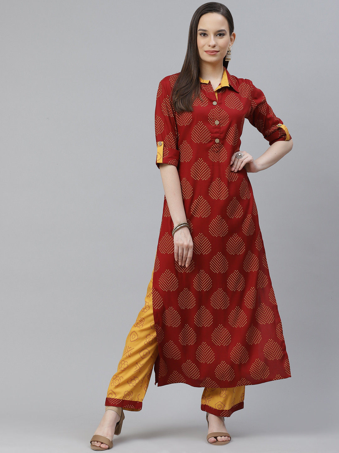 

mokshi Women Maroon & Yellow Printed Kurta with Palazzos