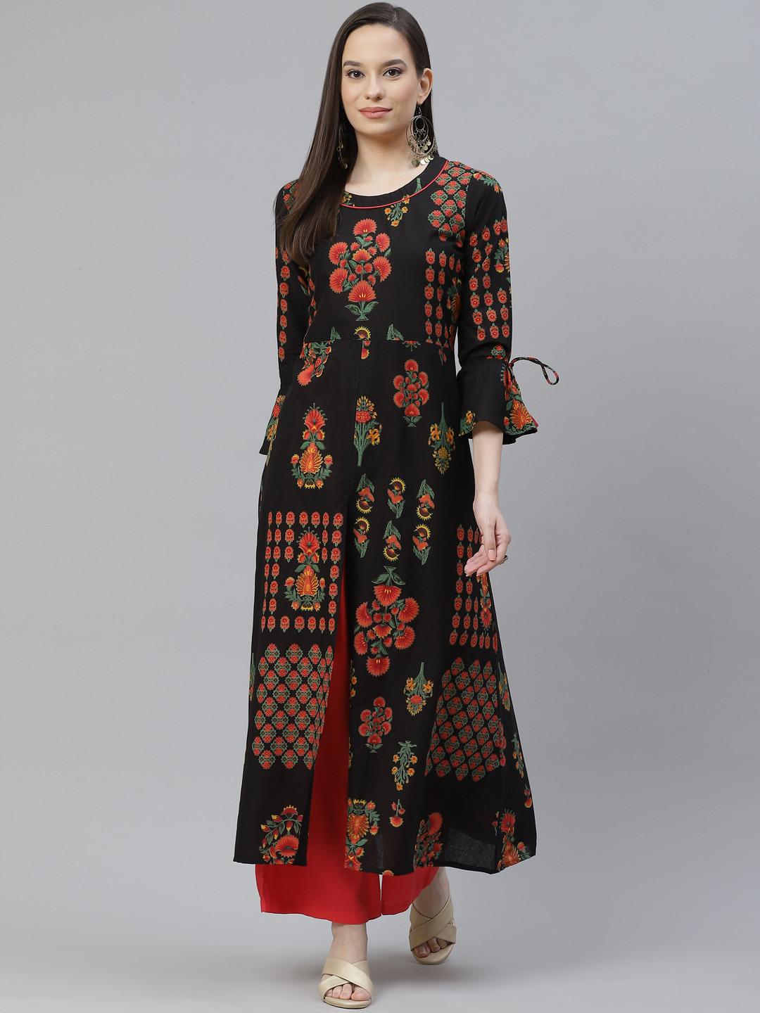 

mokshi Women Black & Red Ethnic Motifs Printed Kurta with Solid Palazzos