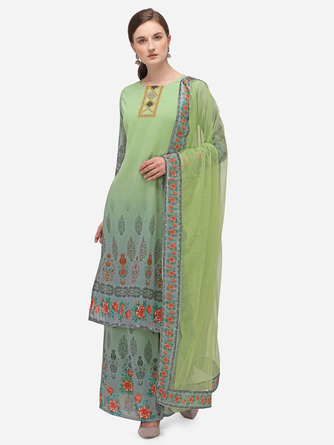 

DIVASTRI Green & Orange Poly Georgette Unstitched Dress Material