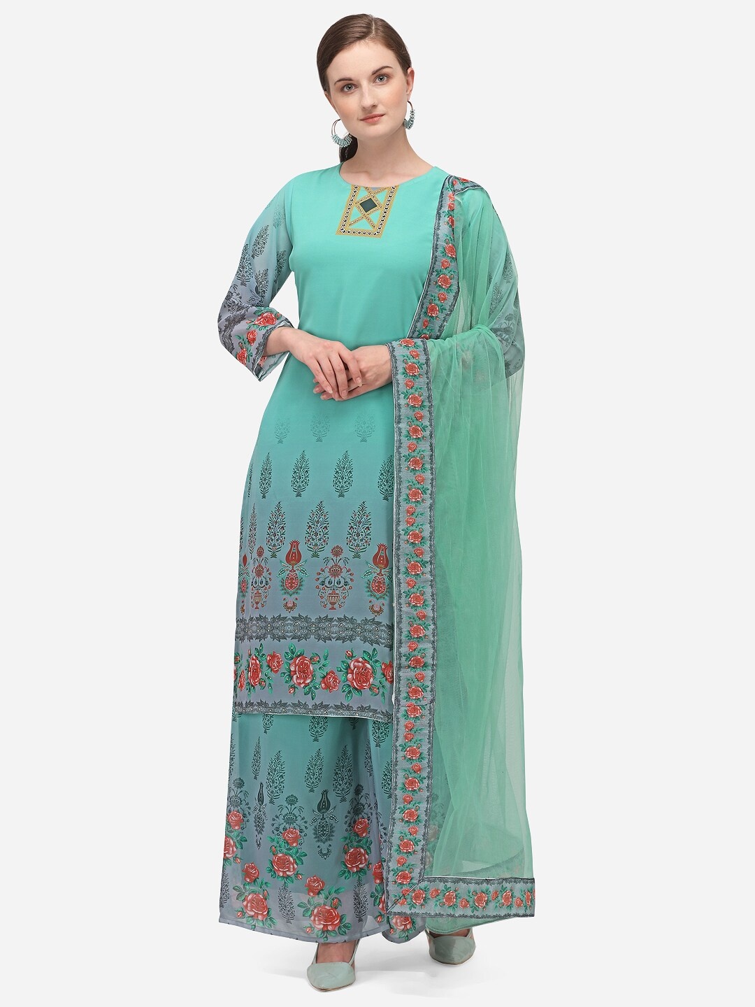 

DIVASTRI Turquoise Blue & Red Poly Georgette Unstitched Dress Material