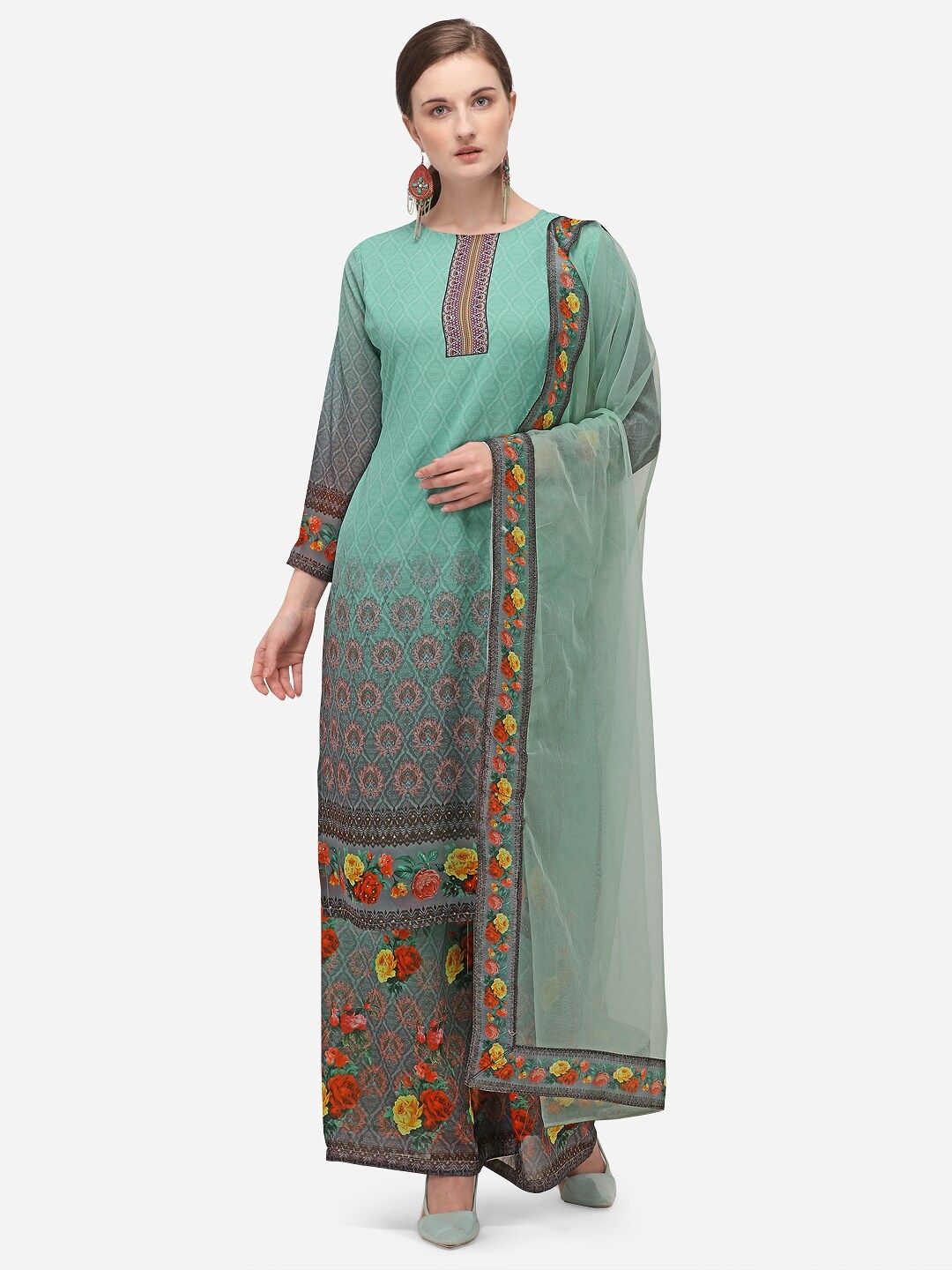 

DIVASTRI Sea Green & Red Poly Georgette Unstitched Dress Material