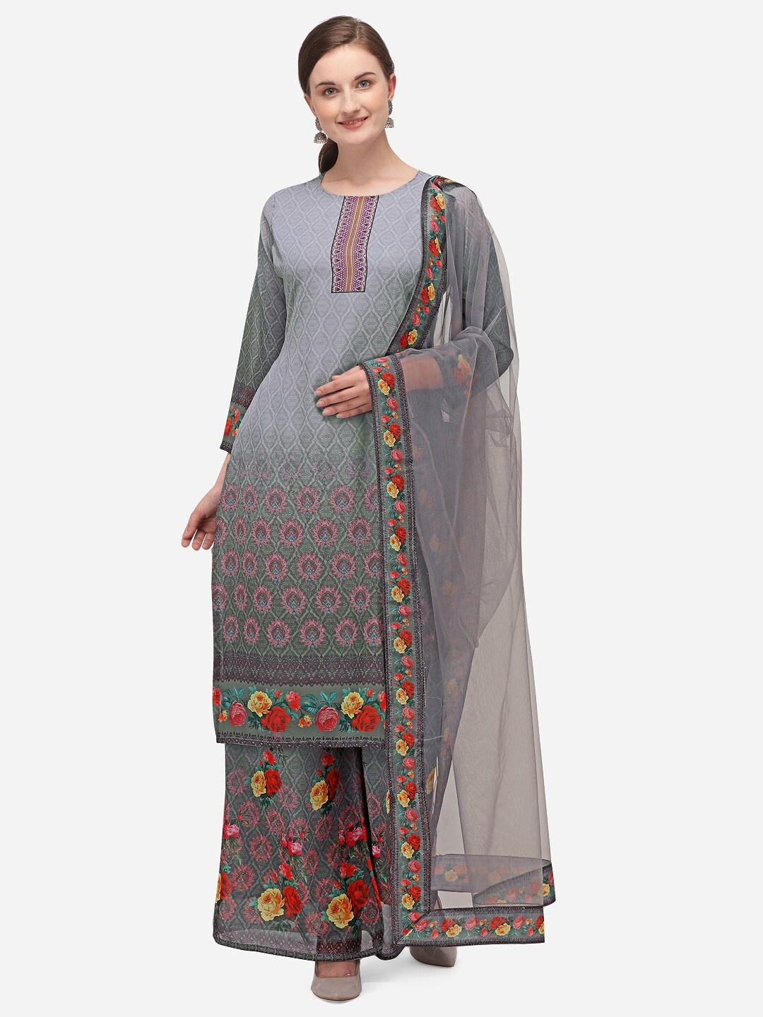 

DIVASTRI Grey & Red Poly Georgette Unstitched Dress Material