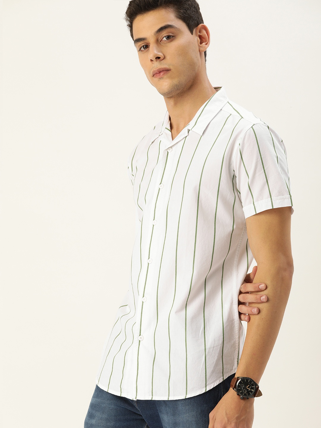 

Moda Rapido Men White Slim Fit Striped Cuban Collar Casual Shirt