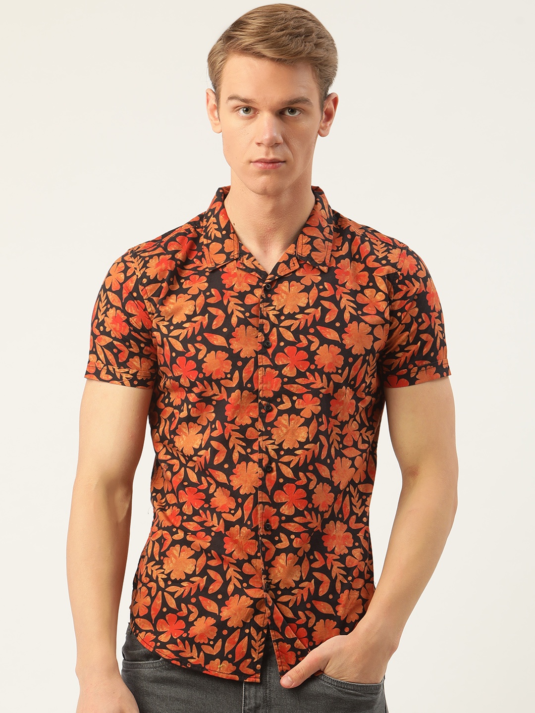 

Moda Rapido Men Black & Orange Pure Cotton Slim Fit Printed Casual Shirt