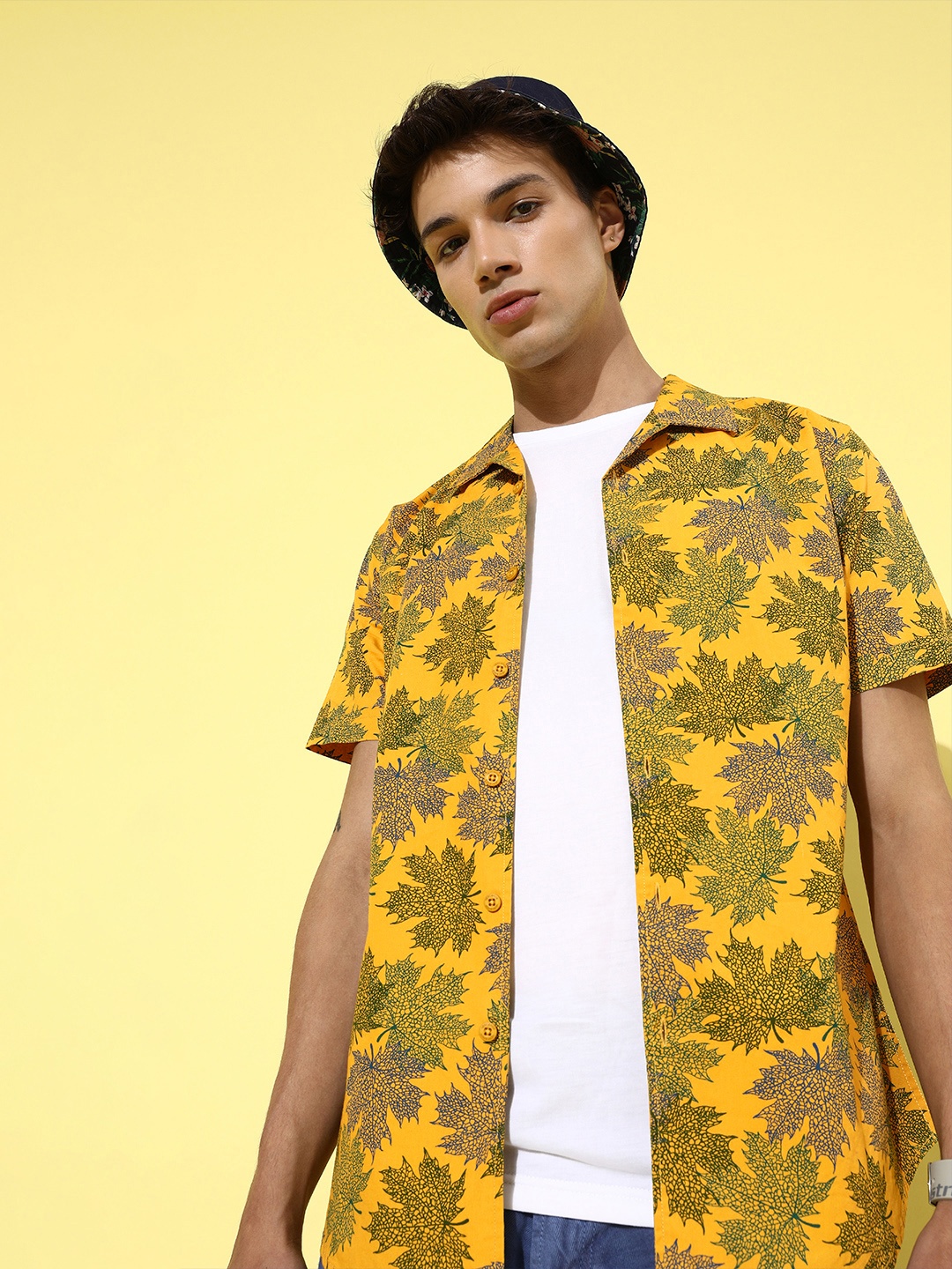 

HERE&NOW Men Charming Tropical Resort Wear Shirt, Mustard