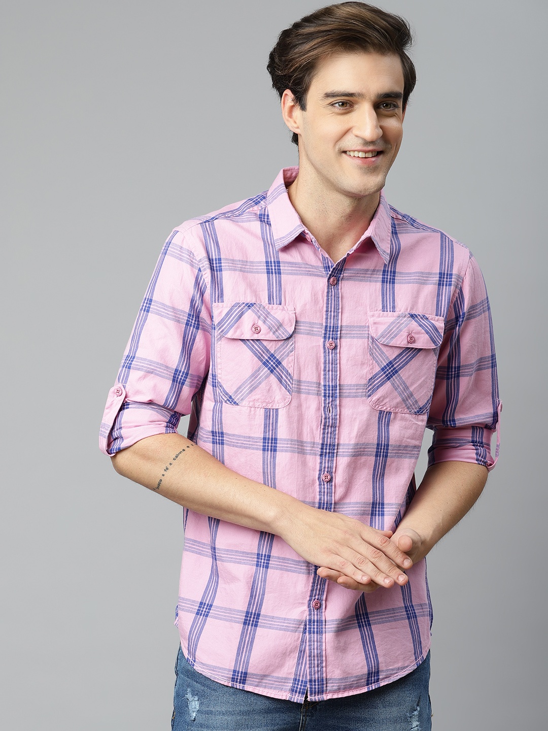 

HERE&NOW Men Pink & Blue Cotton Slim Fit Checked Casual Shirt