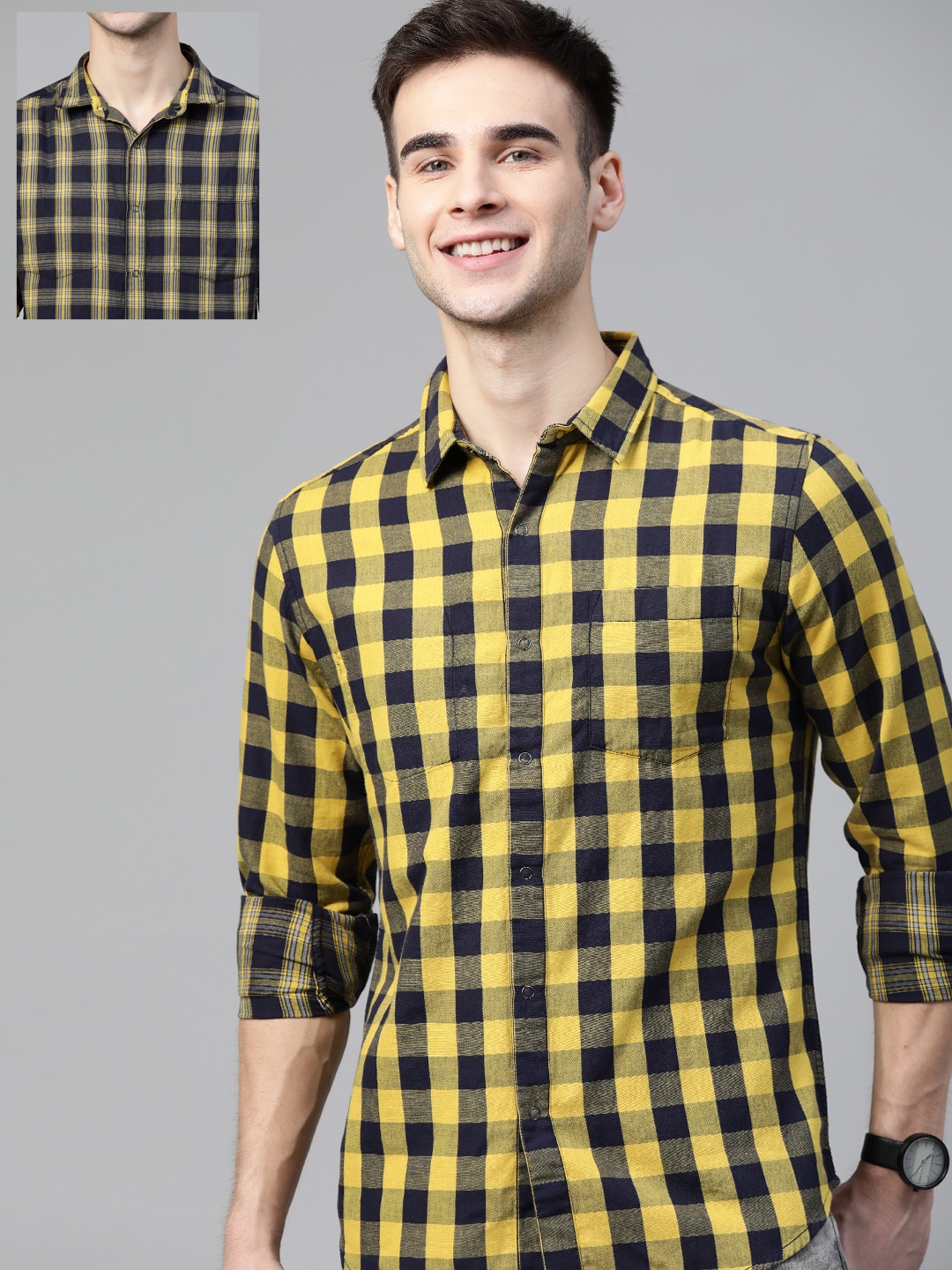 

HERE&NOW Men Yellow & Navy Blue Reversible Slim Fit Buffalo Checks Checked Casual Shirt