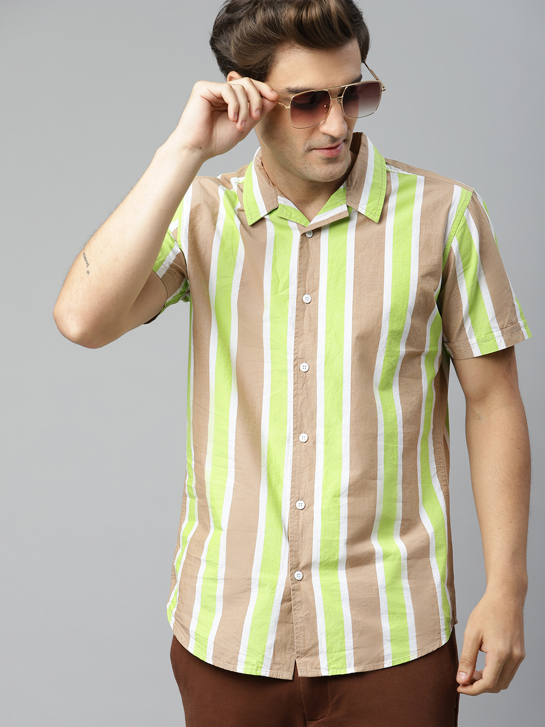 

HERE&NOW Men Green & Beige Striped Cotton Slim Fit Casual Shirt