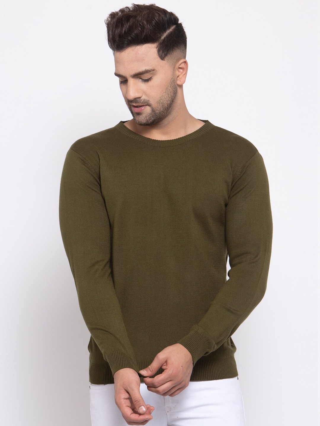 

Kalt Men Olive Green Solid Pullover Sweater