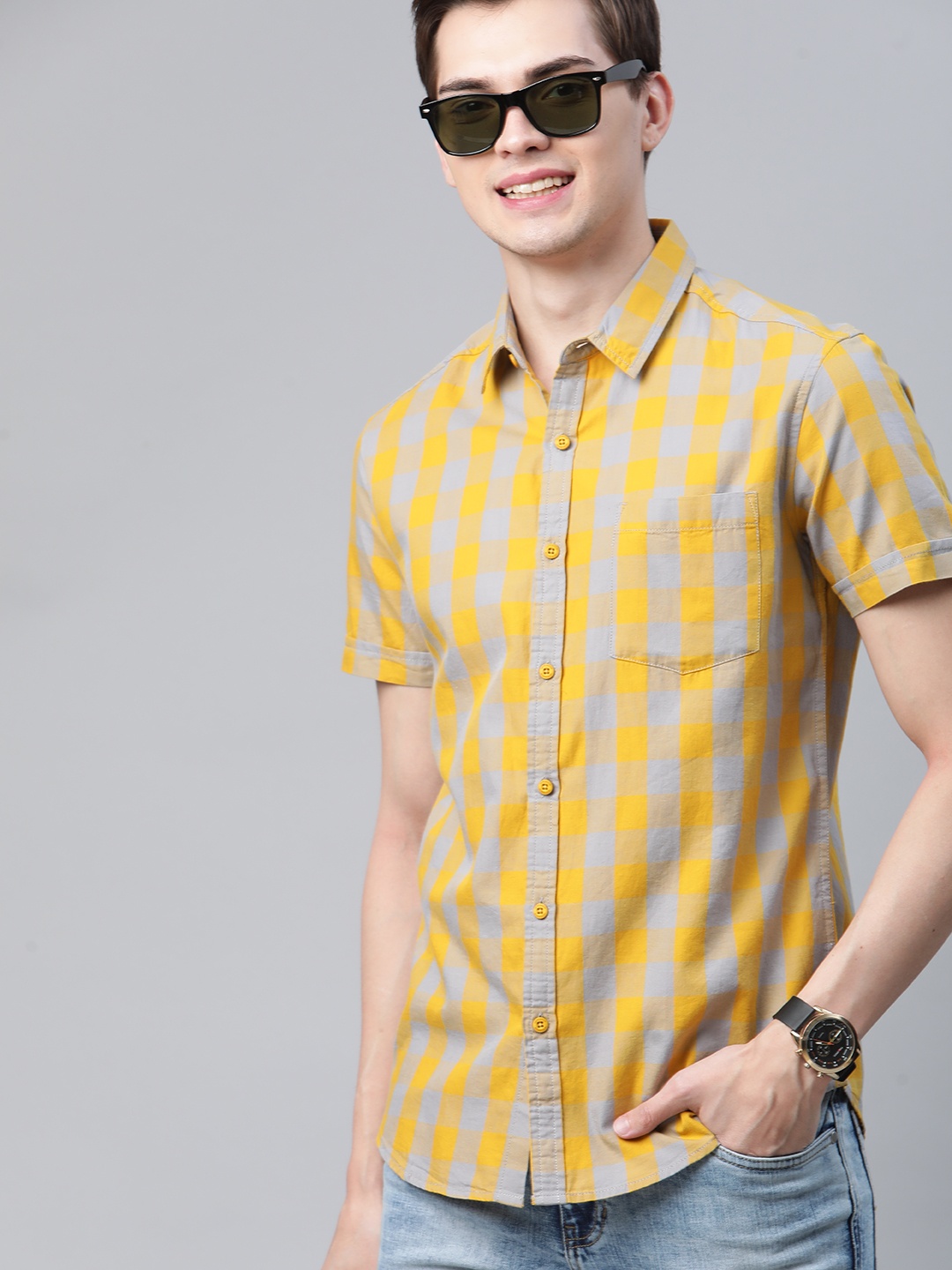 

HERE&NOW Men Grey & Mustard Yellow Pure Cotton Slim Fit Checked Casual Shirt