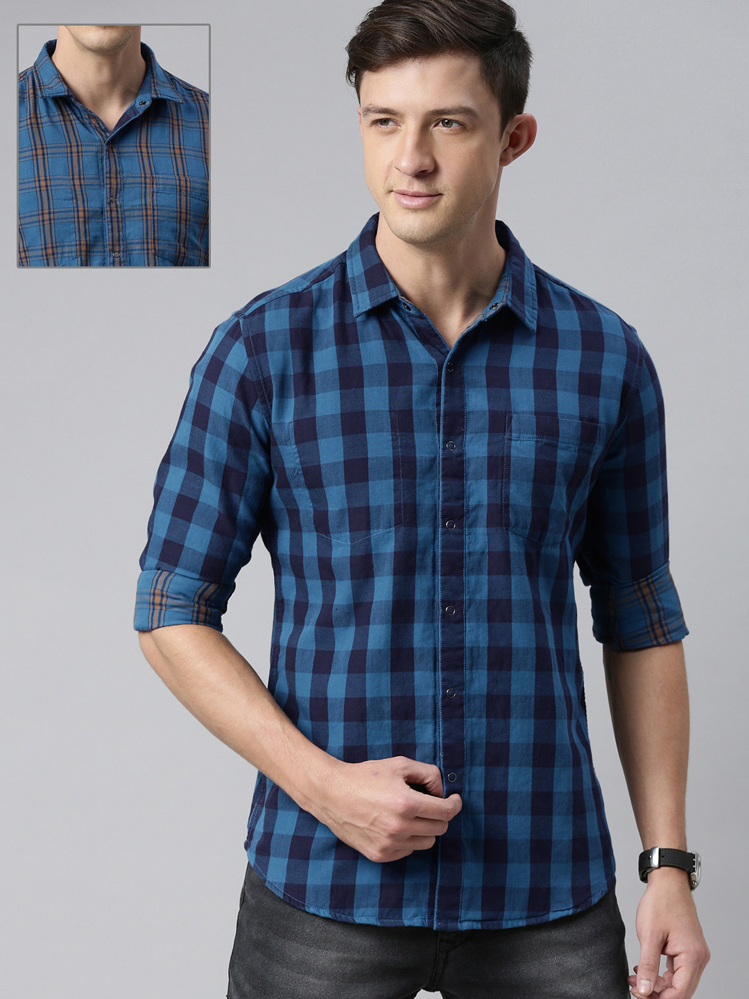 

HERE&NOW Men Blue Slim Fit Checked Reversible Casual Shirt