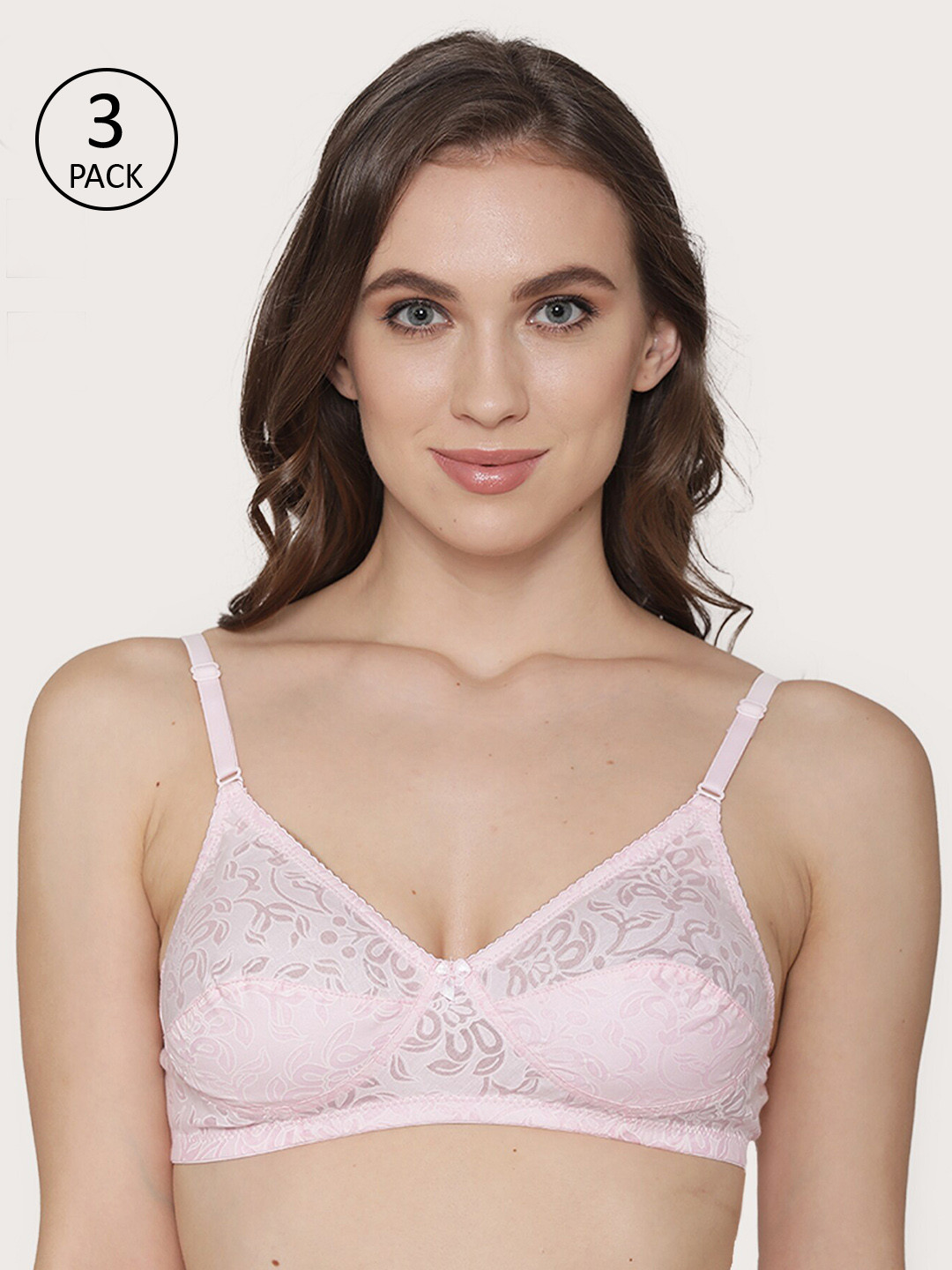 

Kalyani Pack Of 3 Pink Self Design Non-Wired Non Padded T-shirt Bras 412001