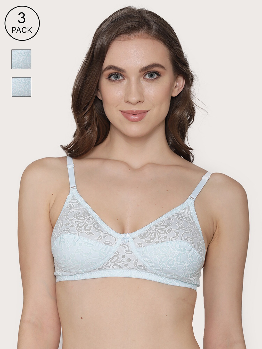 

Kalyani Pack of 3 Blue Self Design Non-Wired Non Padded Everyday Bras 412019