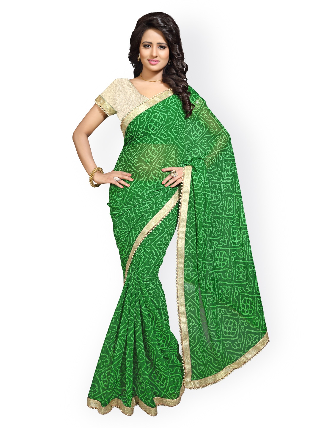 

MIRCHI FASHION Green Poly Georgette Bandhani Print Saree