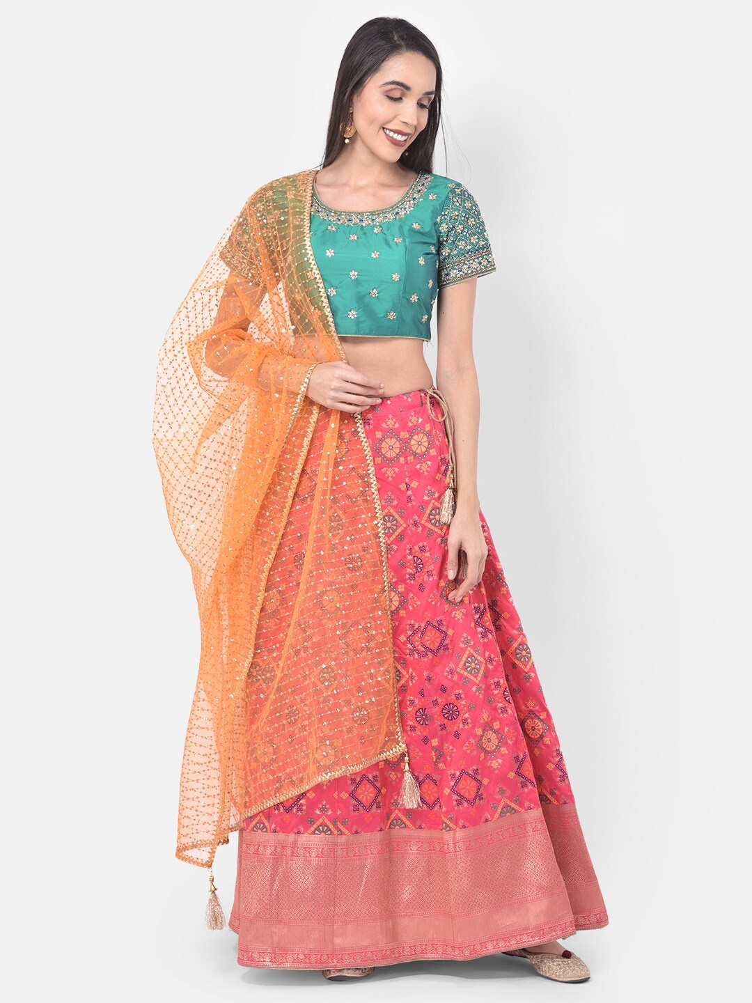 

Neerus Pink & Green Embroidered Ready to Wear Lehenga & Blouse with Dupatta