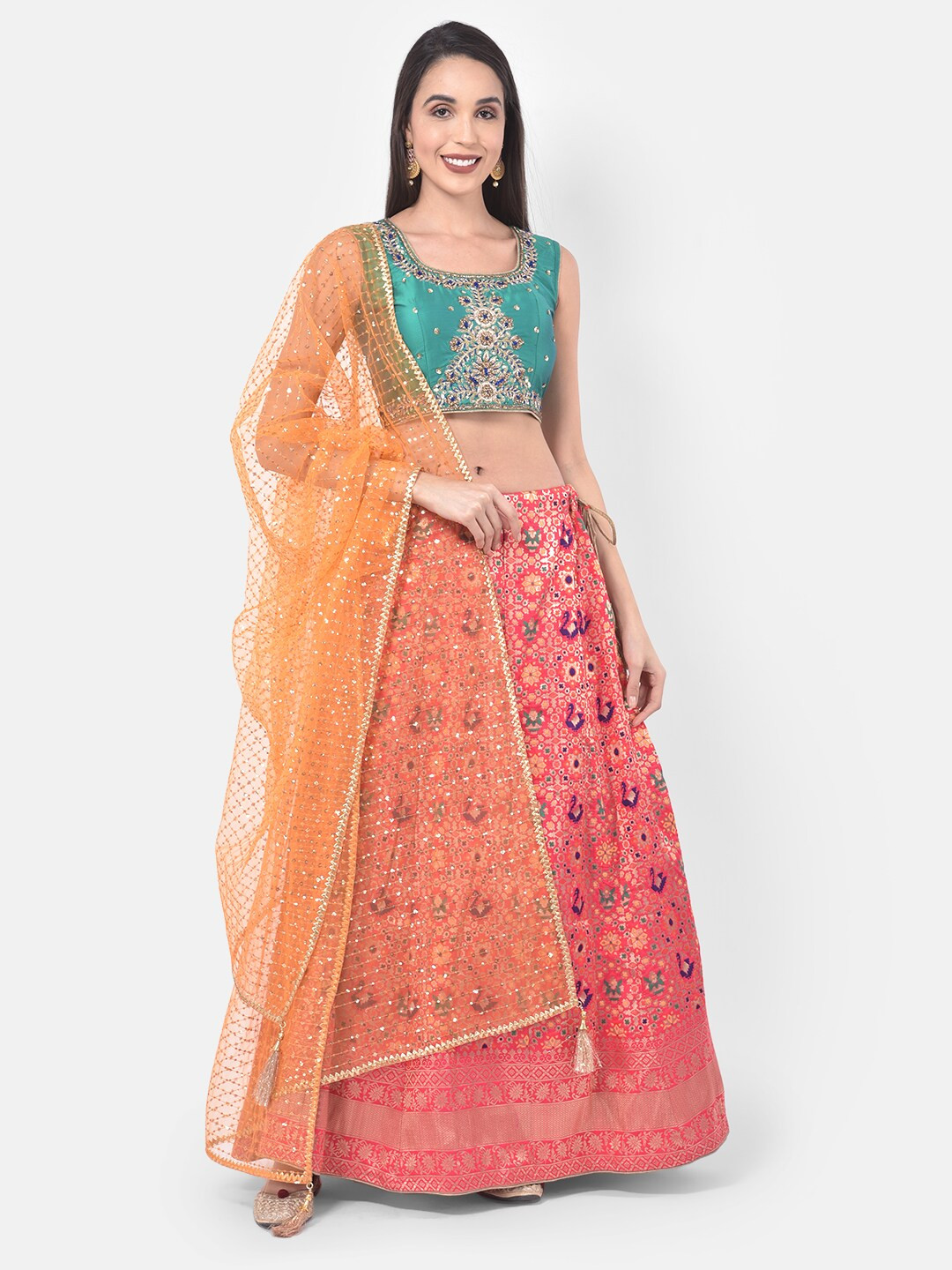 

Neerus Green & Pink Embellished Ready to Wear Lehenga & Blouse with Dupatta