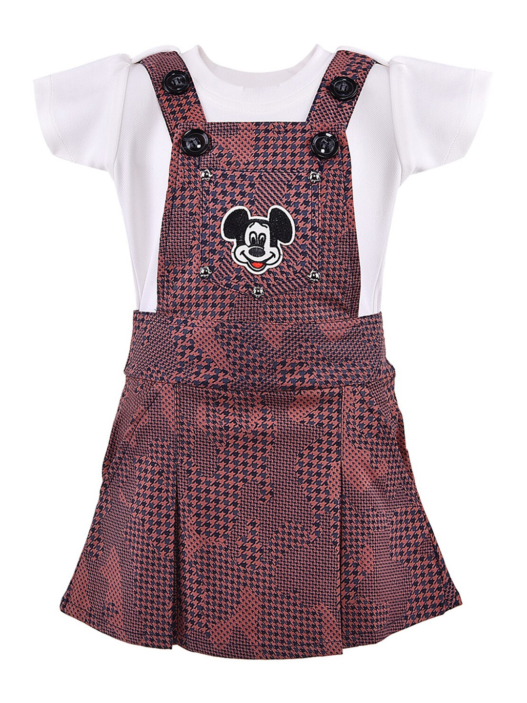 

Wish Karo Girls Brown & White Solid T-shirt with Mickey Printed Frock Dress