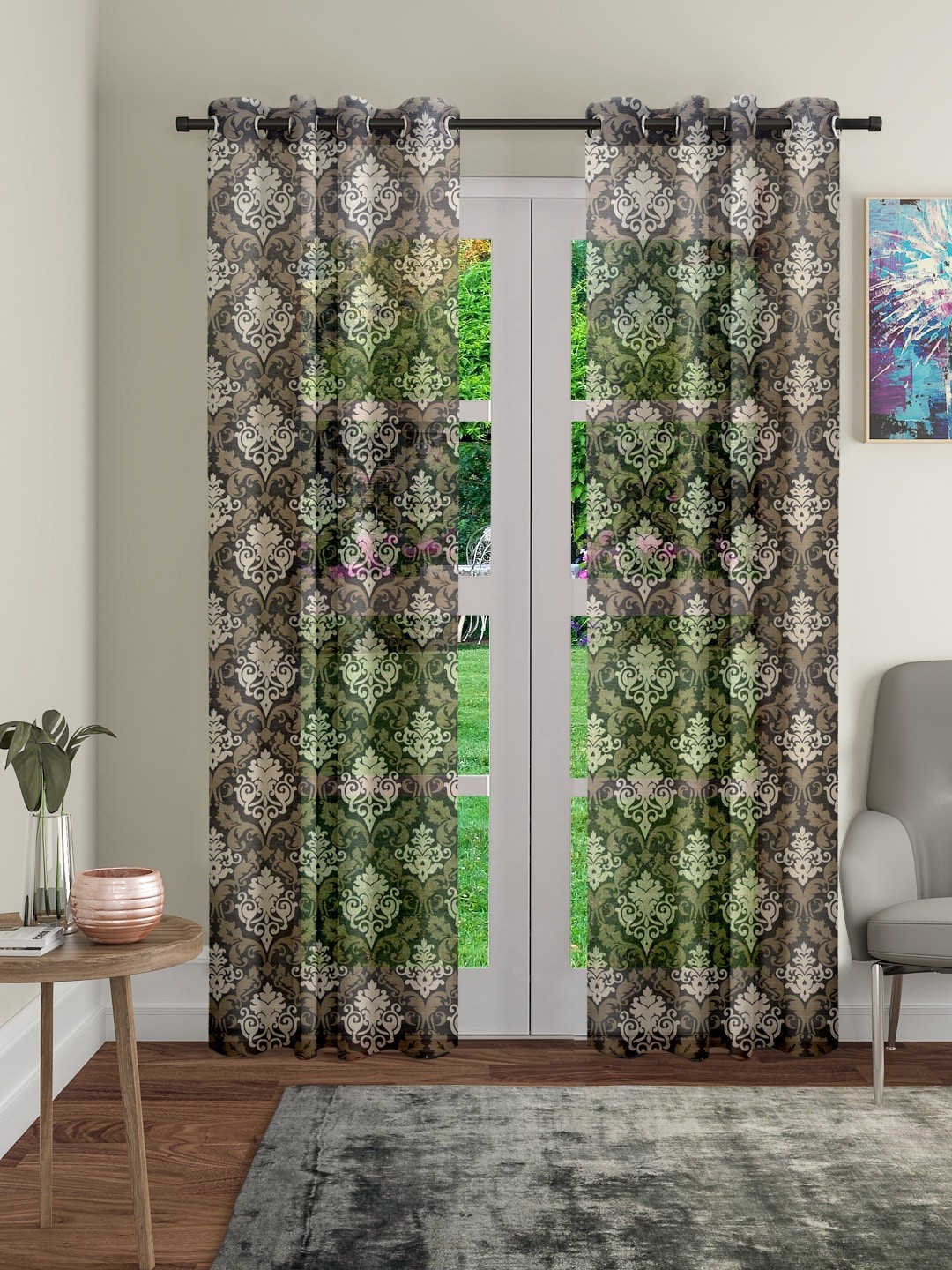 

Cortina Set of 2 Printed Sheer Door Curtains, Black