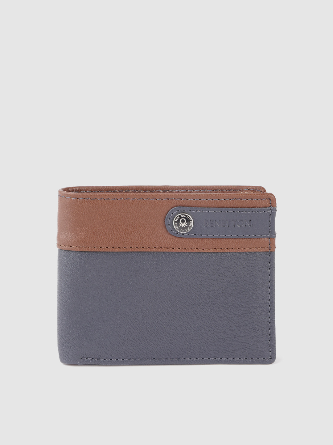 

United Colors of Benetton Men Navy Blue & Brown Colourblocked Leather Two Fold Wallet